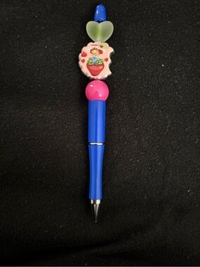 Blue Pink Novelty Pen with Heart & Strawberry Charm